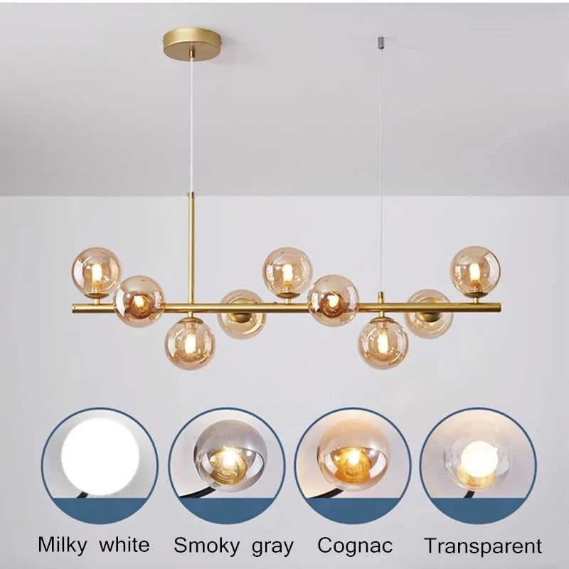 Modern LED Pendant Gold Light Glass Ball 11 Heads Hanging Lamp for Kitchen Living Dining Room
