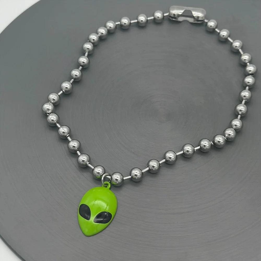 Y2K Cyber Chunky Bead Chain Green Alien Face Charm