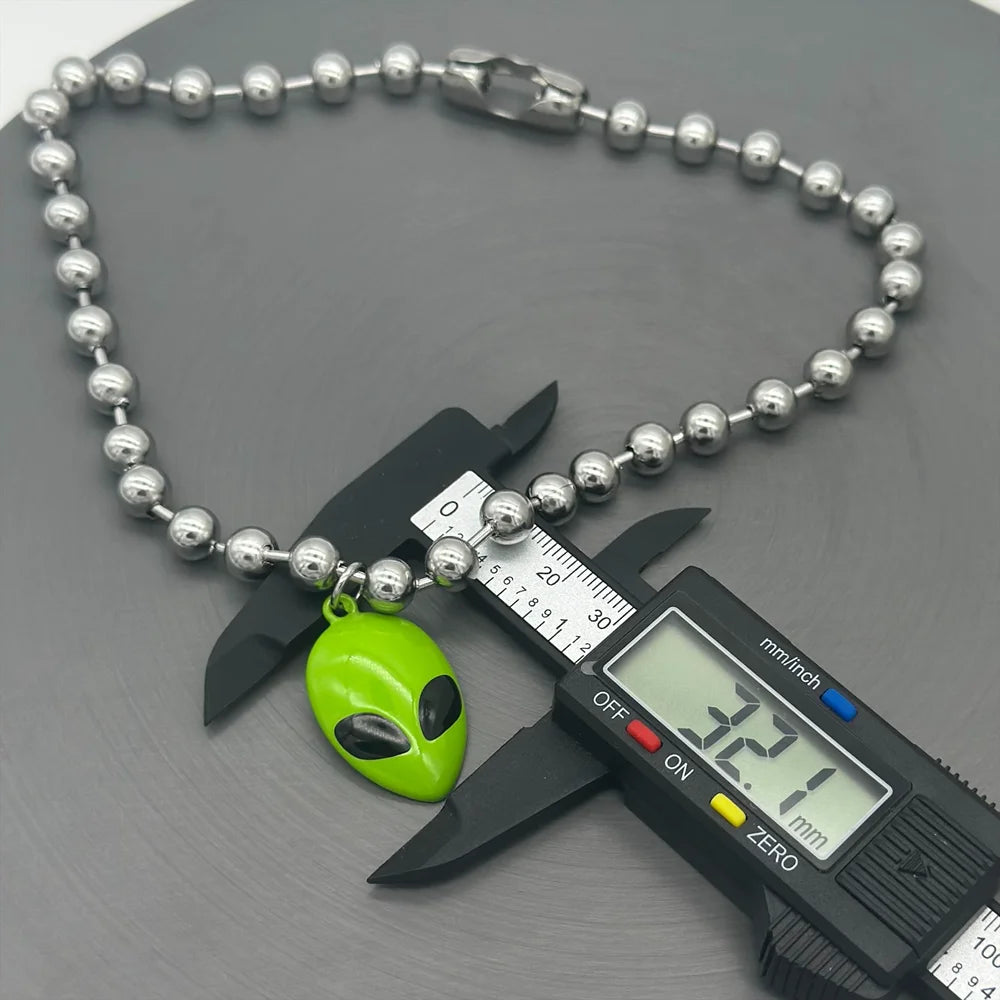 Y2K Cyber Chunky Bead Chain Green Alien Face Charm
