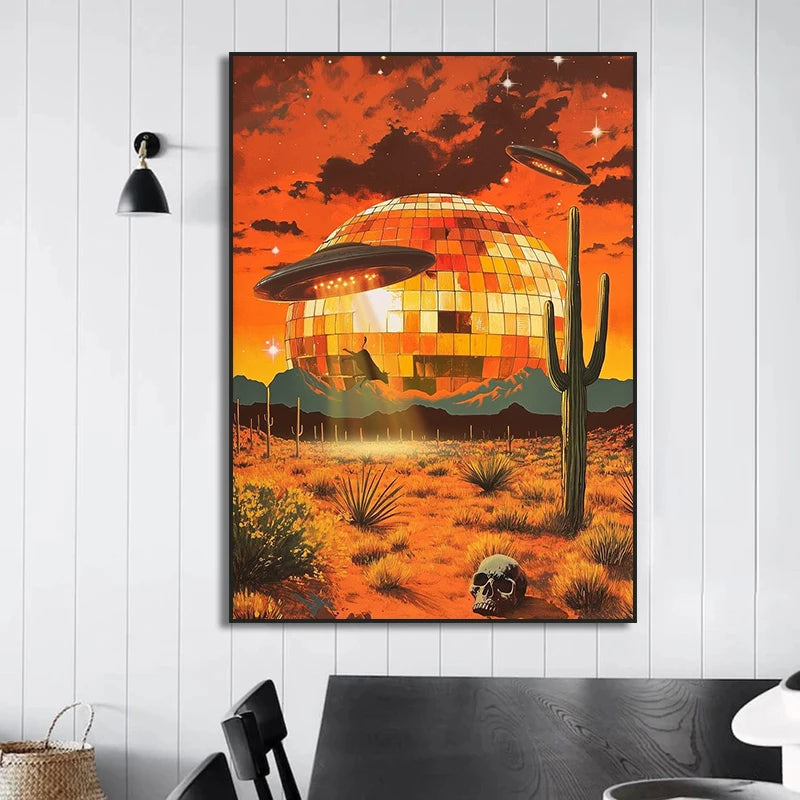 UFO Alien Poster Retro Disco Ball Wall Art Home Decor Mural
