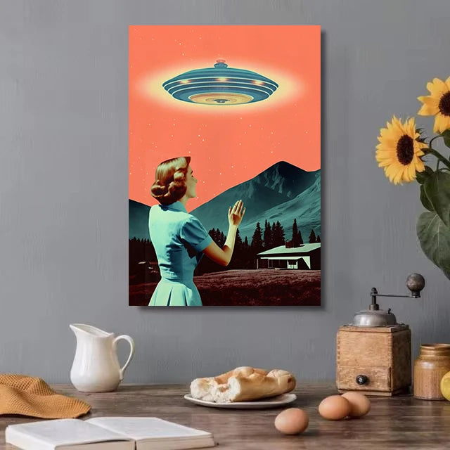 Retro Outerspace UFO Funny Cow Alien Drinking Coffee Canvas