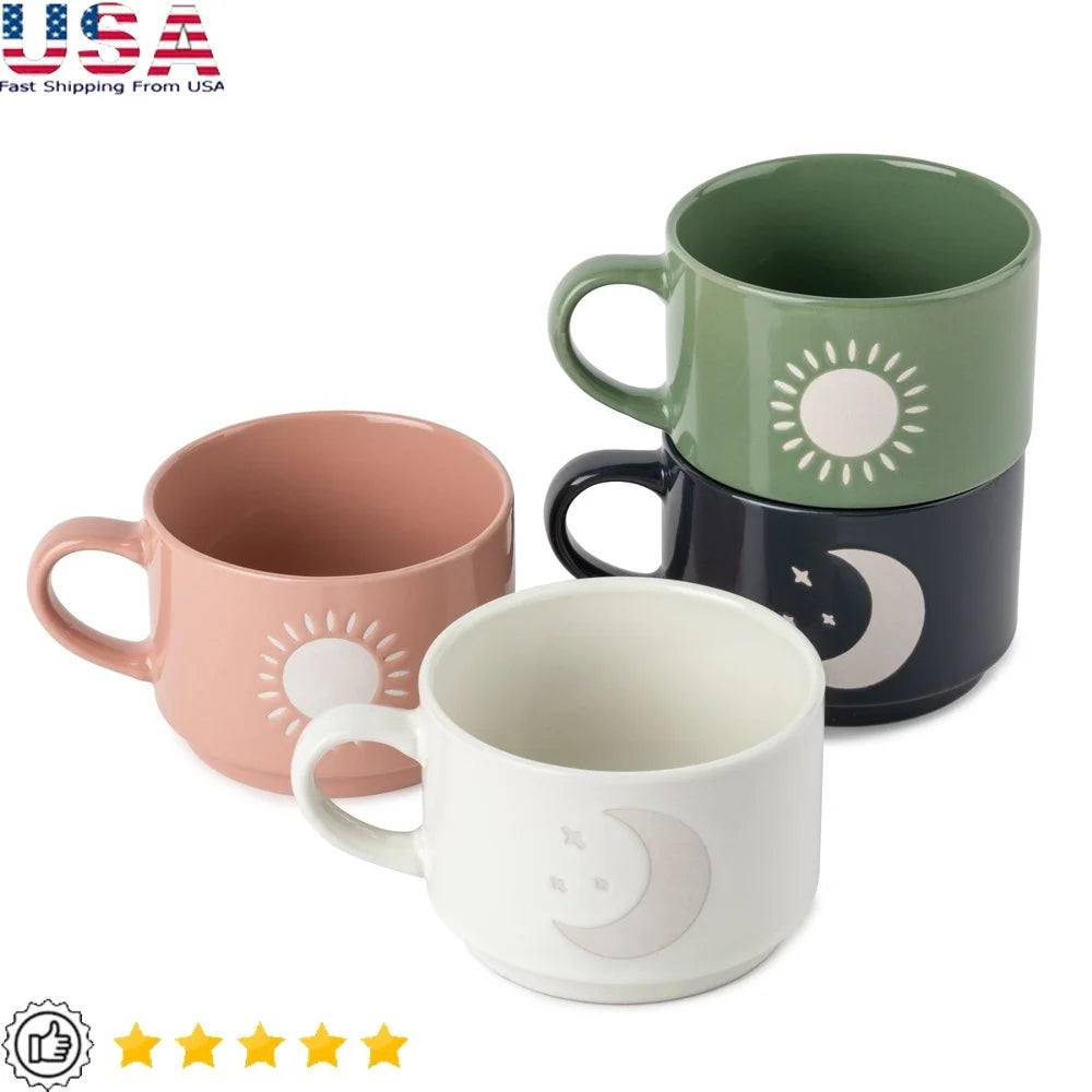 Stackable Ceramic Celestial Coffee Mugs Set of Four 11oz Durable Kitchen Drinkware Sun Moon Design