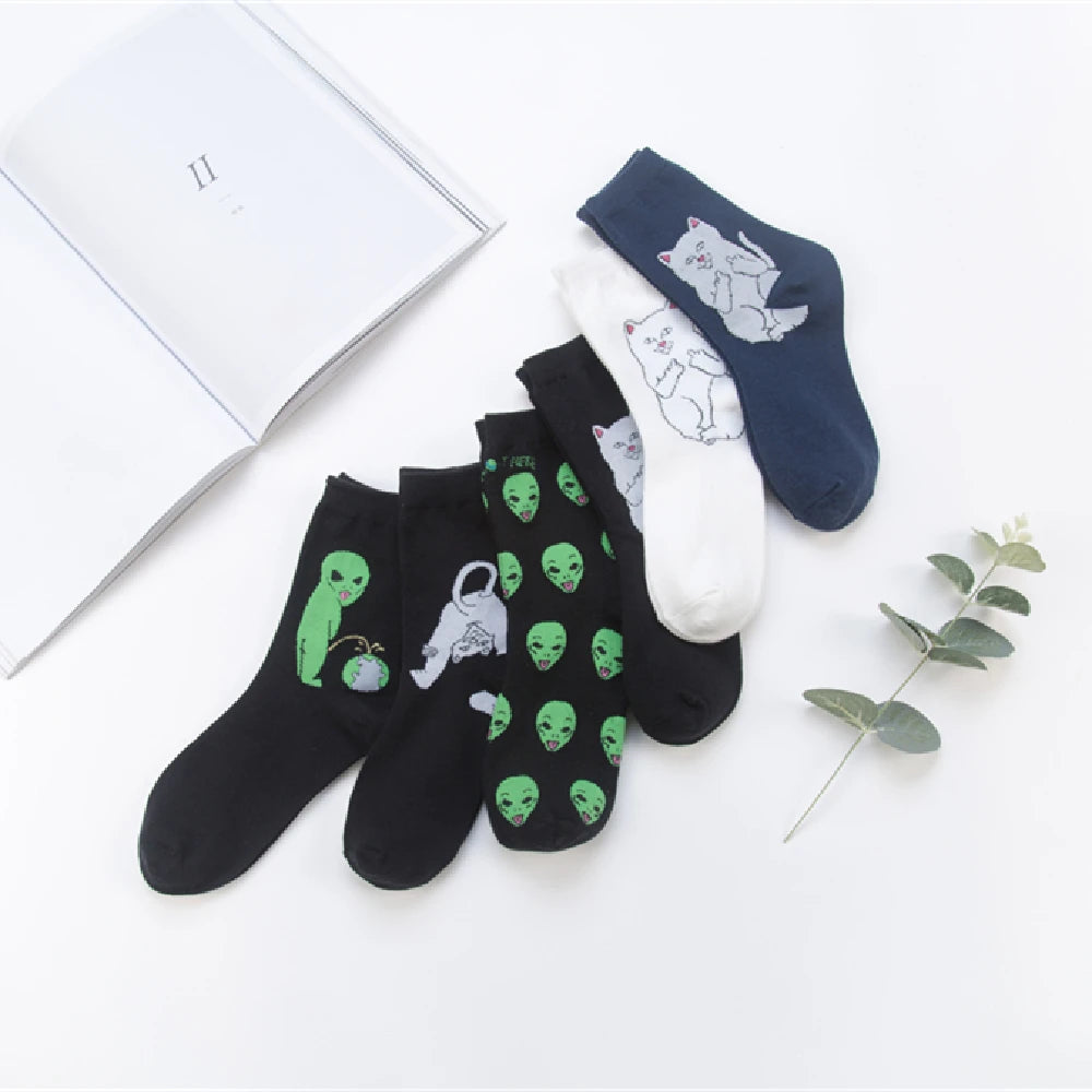 Unisex Summer Fashion Cartoon Cat Art Funny Alien Planet Socks
