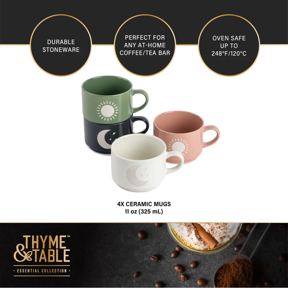 Stackable Ceramic Celestial Coffee Mugs Set of Four 11oz Durable Kitchen Drinkware Sun Moon Design