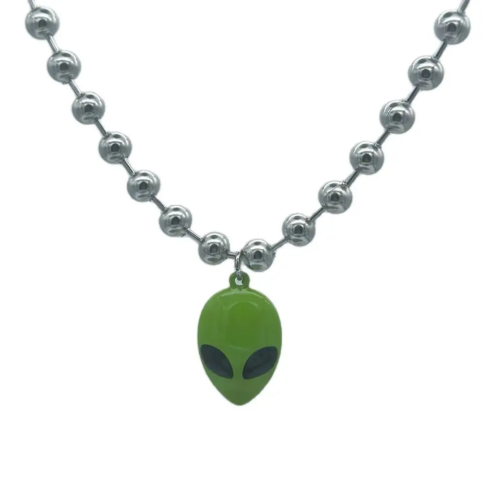Y2K Cyber Chunky Bead Chain Green Alien Face Charm