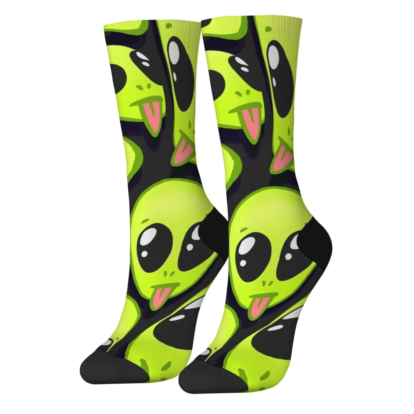 Cute Cartoon Green Alien Pink Tongue Crew Socks