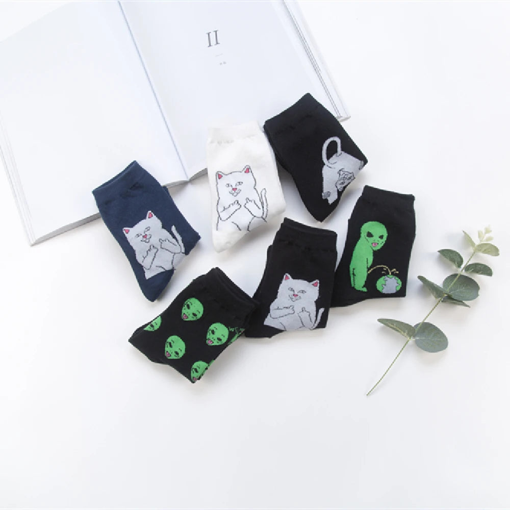 Unisex Summer Fashion Cartoon Cat Art Funny Alien Planet Socks