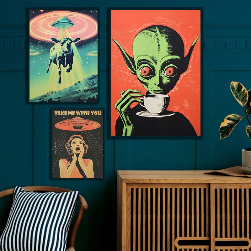 Retro Outerspace UFO Funny Cow Alien Drinking Coffee Canvas