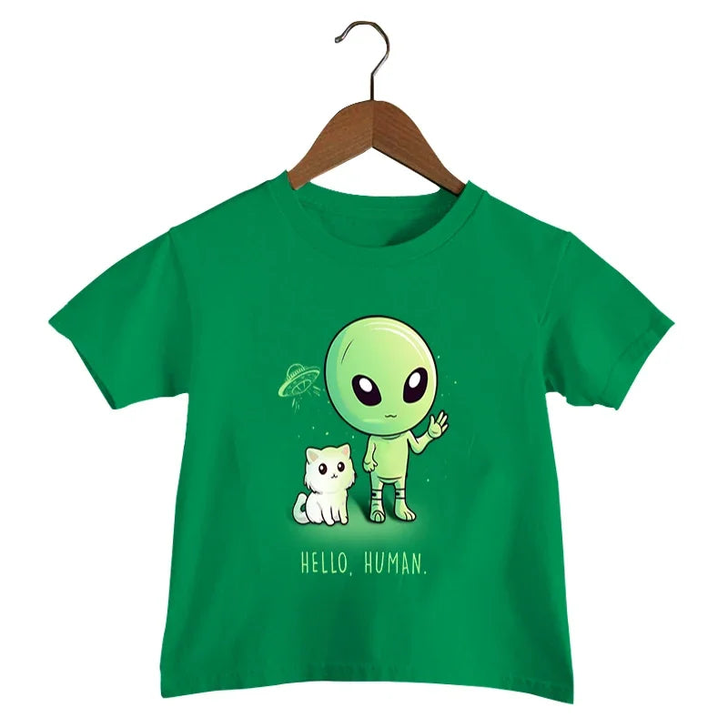 Hello Human Print T Shirt Baby Boys Funny Alien UFO T-shirt