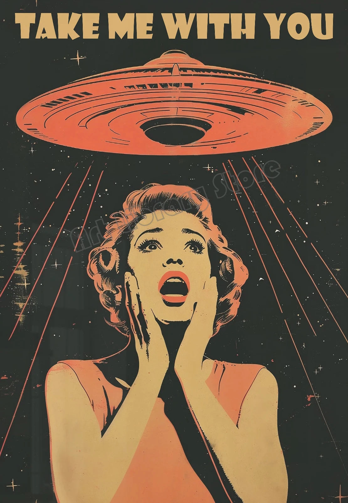 Retro Outerspace UFO Funny Cow Alien Drinking Coffee Canvas