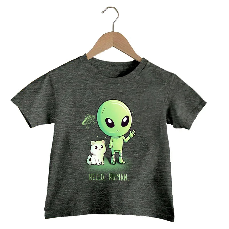 Hello Human Print T Shirt Baby Boys Funny Alien UFO T-shirt