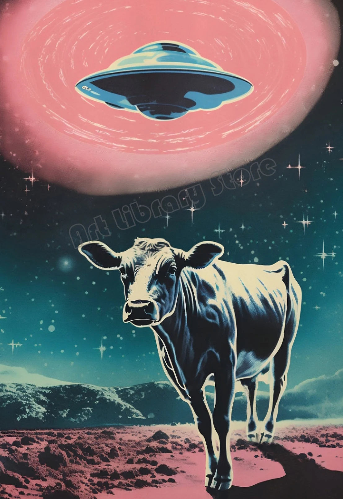 Retro Outerspace UFO Funny Cow Alien Drinking Coffee Canvas