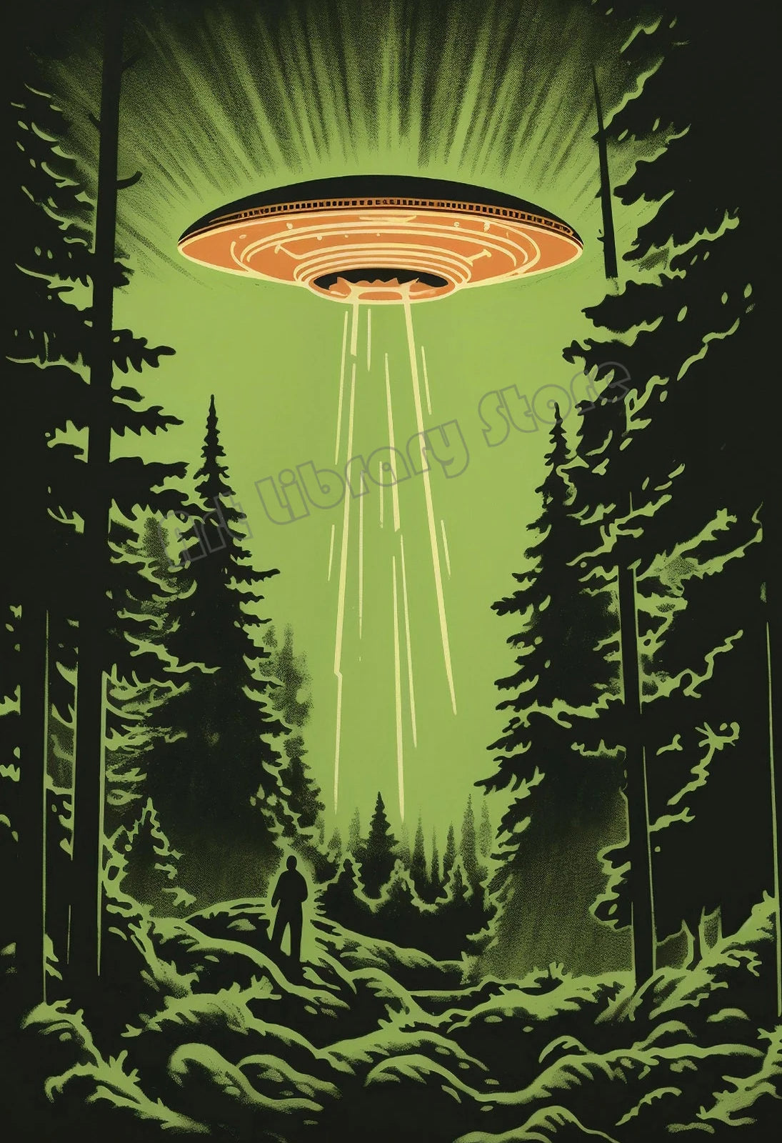 Retro Outerspace UFO Funny Cow Alien Drinking Coffee Canvas