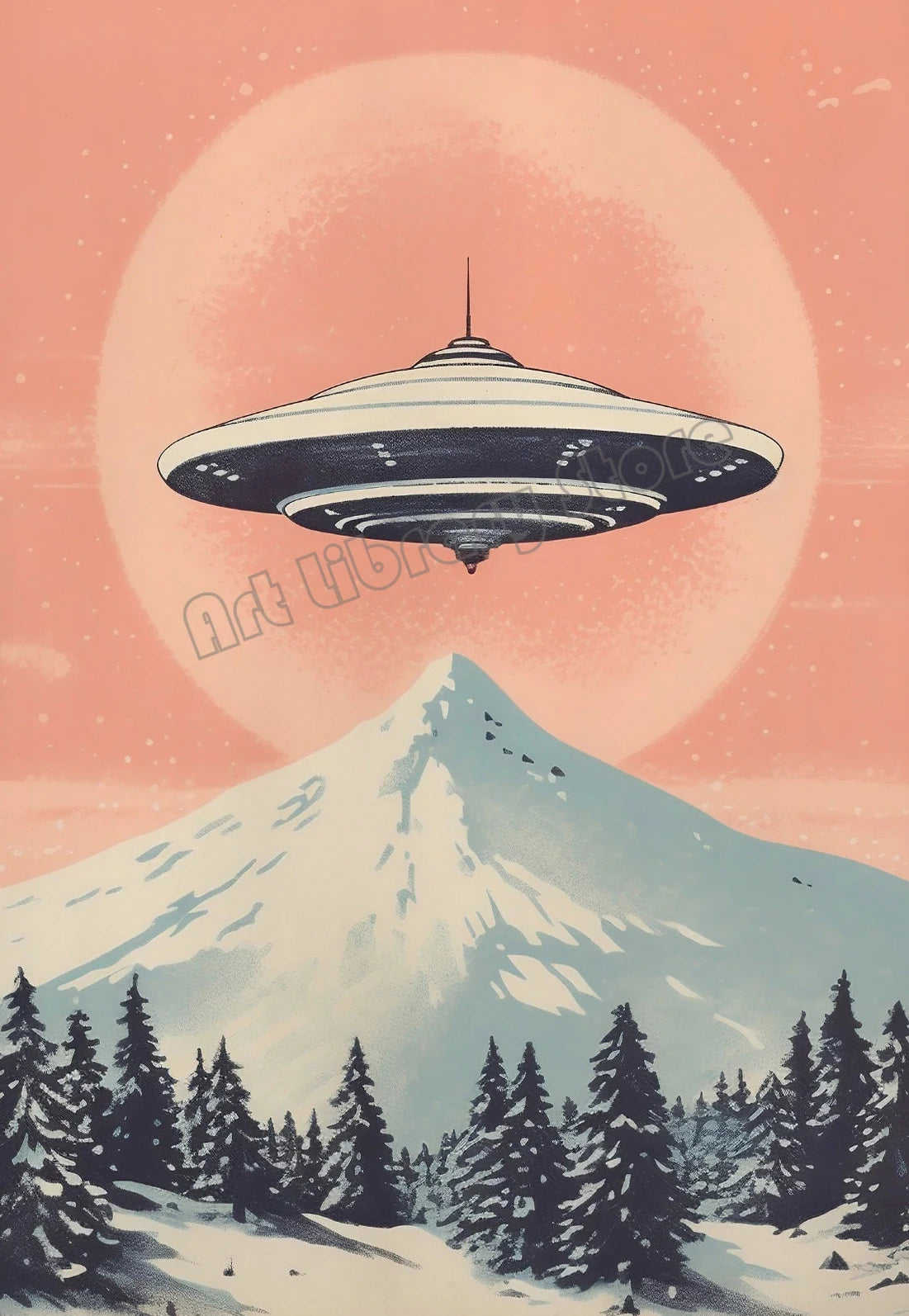 Retro Outerspace UFO Funny Cow Alien Drinking Coffee Canvas