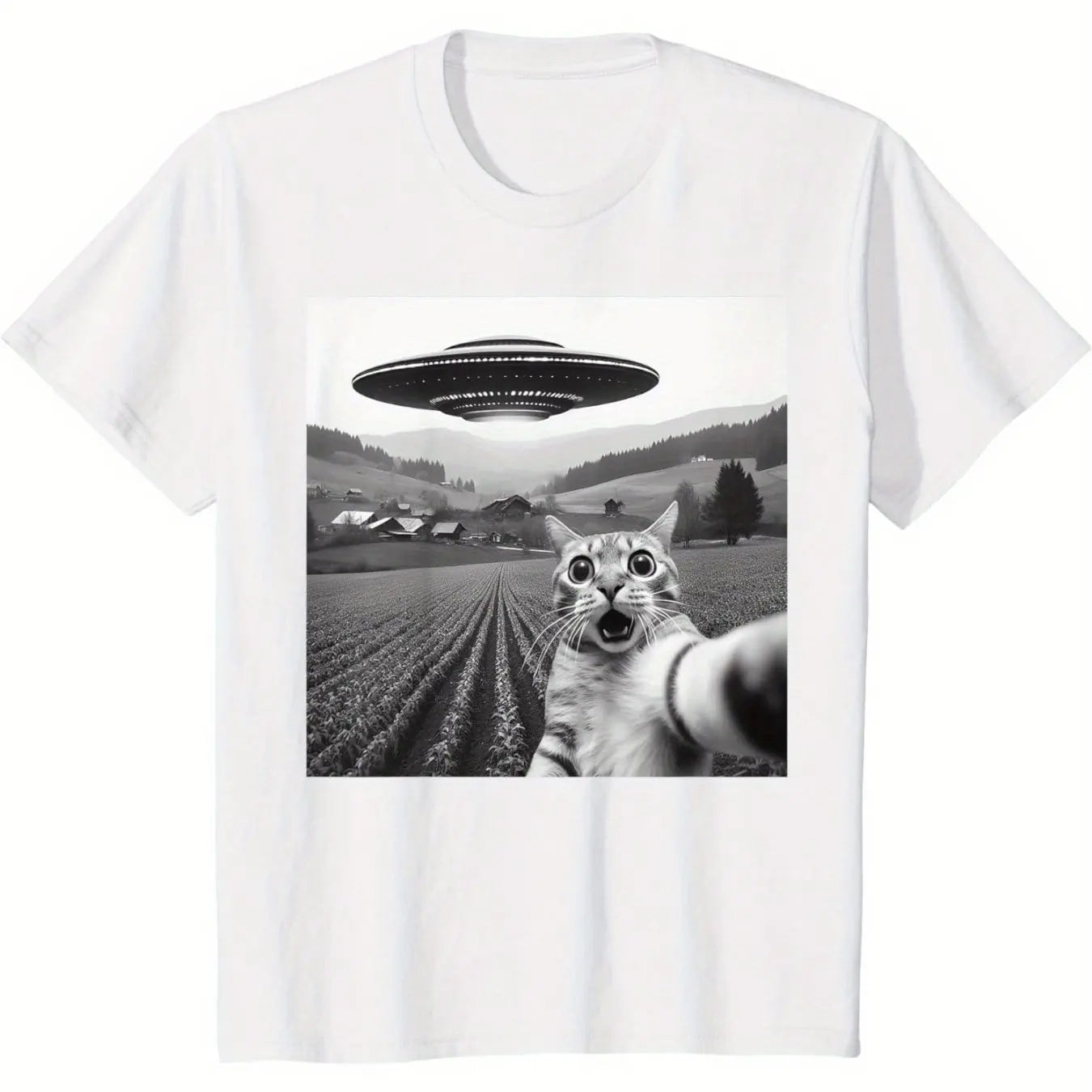 UFO and Cat Pattern Print T shirt Women & Men