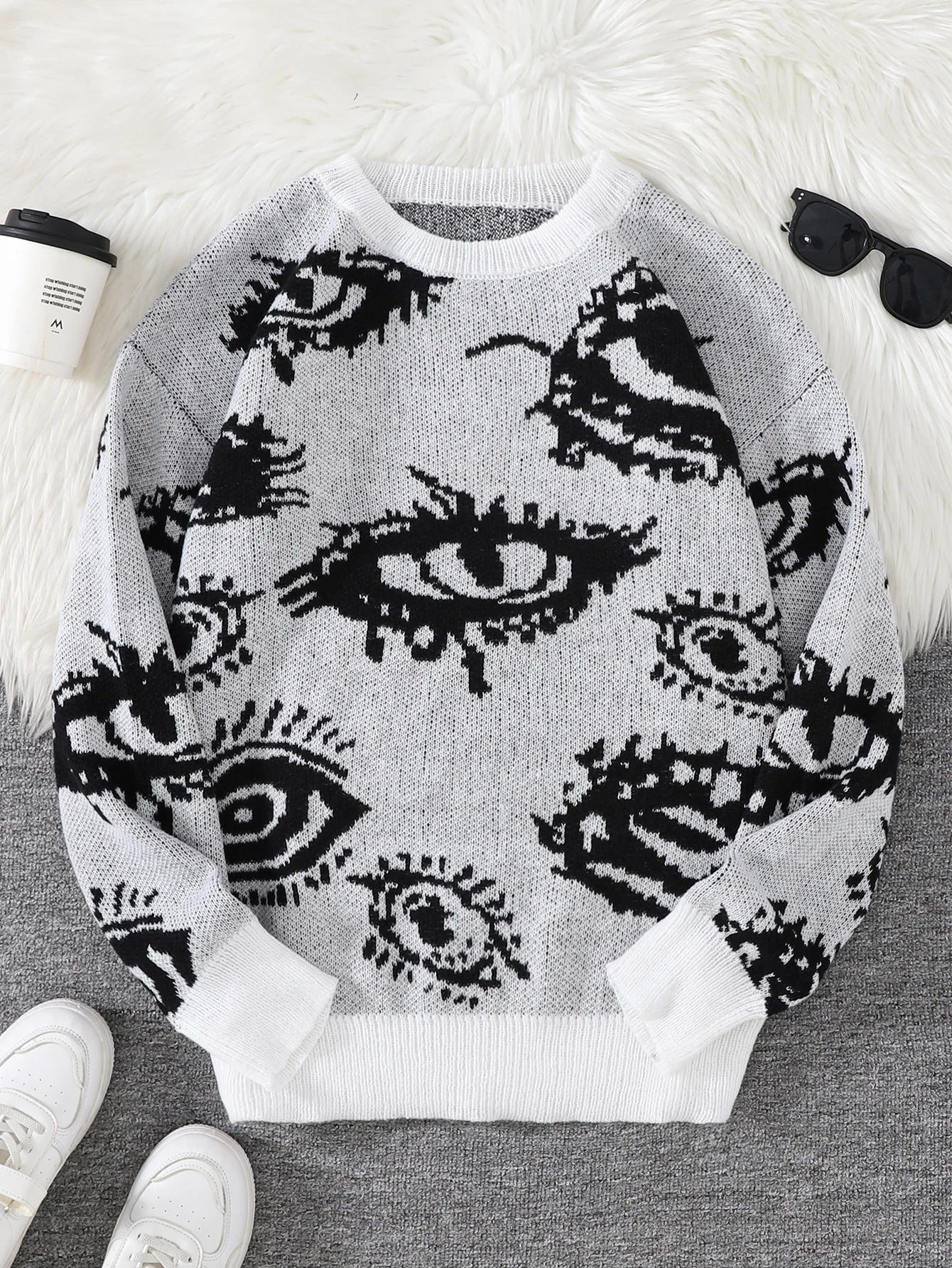 Autumn and Winter Abstract Eye Jacquard Pattern Pullover Sweater