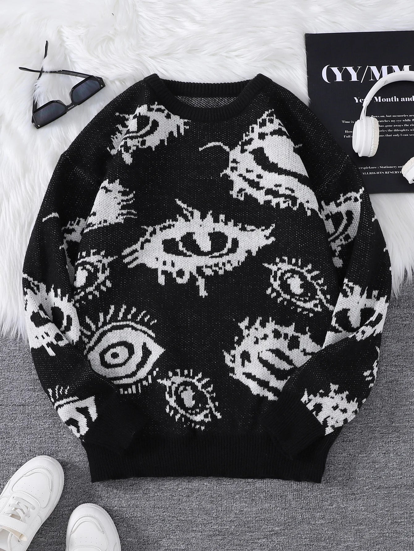 Autumn and Winter Abstract Eye Jacquard Pattern Pullover Sweater