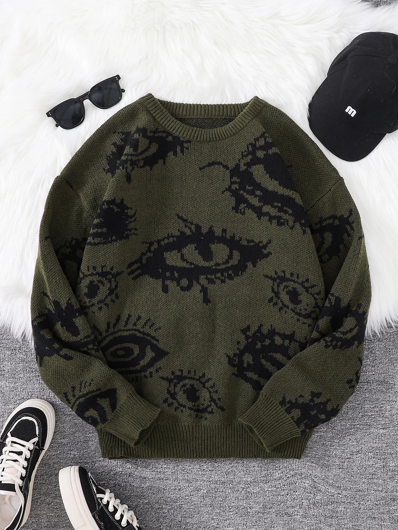 Autumn and Winter Abstract Eye Jacquard Pattern Pullover Sweater