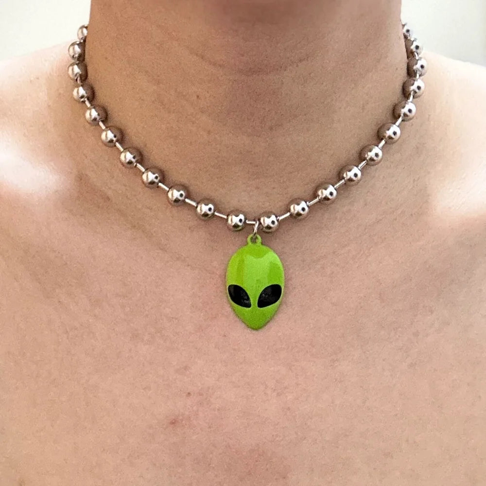 Y2K Cyber Chunky Bead Chain Green Alien Face Charm