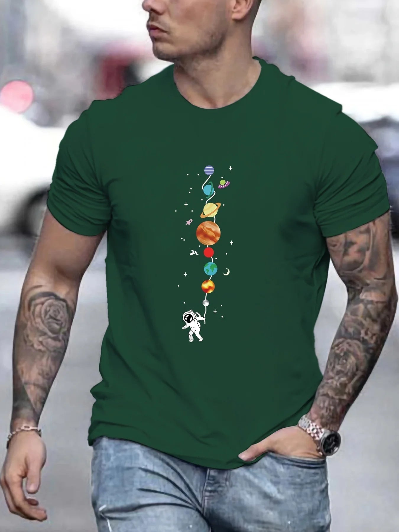 Astronaut planet pattern short sleeved T-shirt