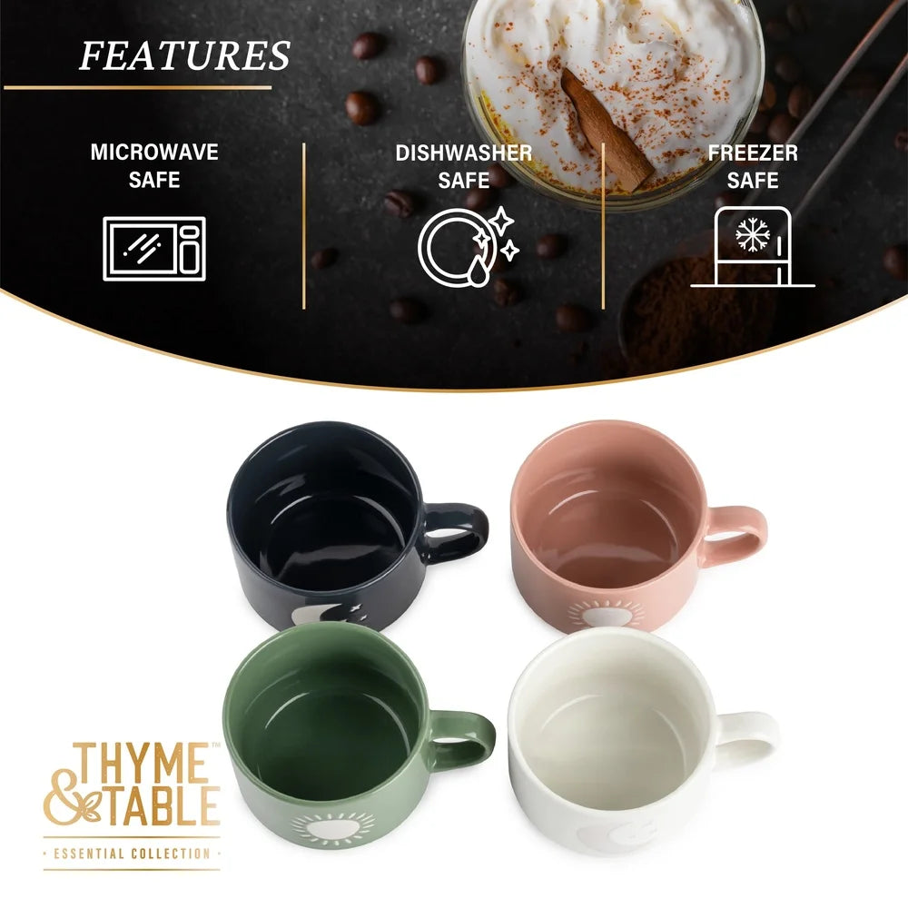 Stackable Ceramic Celestial Coffee Mugs Set of Four 11oz Durable Kitchen Drinkware Sun Moon Design
