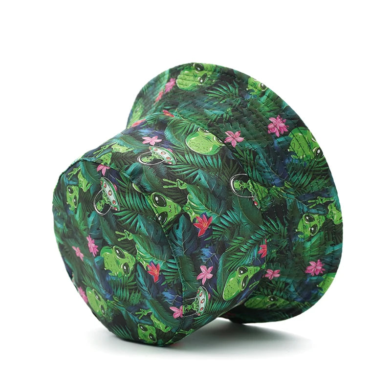 Bocca Cartoon Alien Bucket Hat Green Leaf Printing