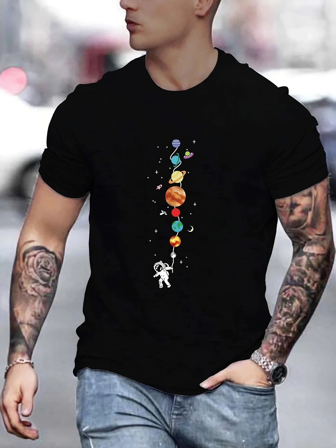 Astronaut planet pattern short sleeved T-shirt