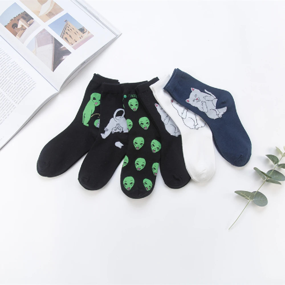 Unisex Summer Fashion Cartoon Cat Art Funny Alien Planet Socks