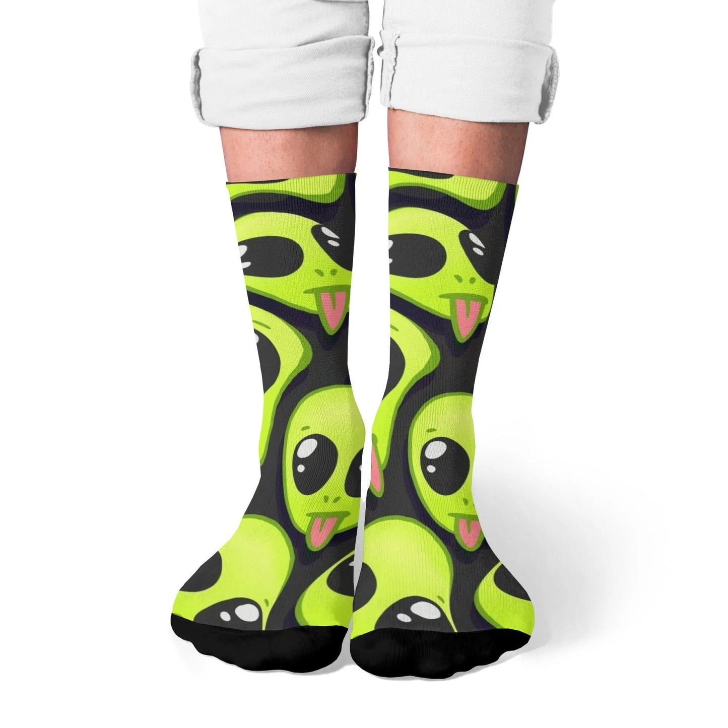 Cute Cartoon Green Alien Pink Tongue Crew Socks