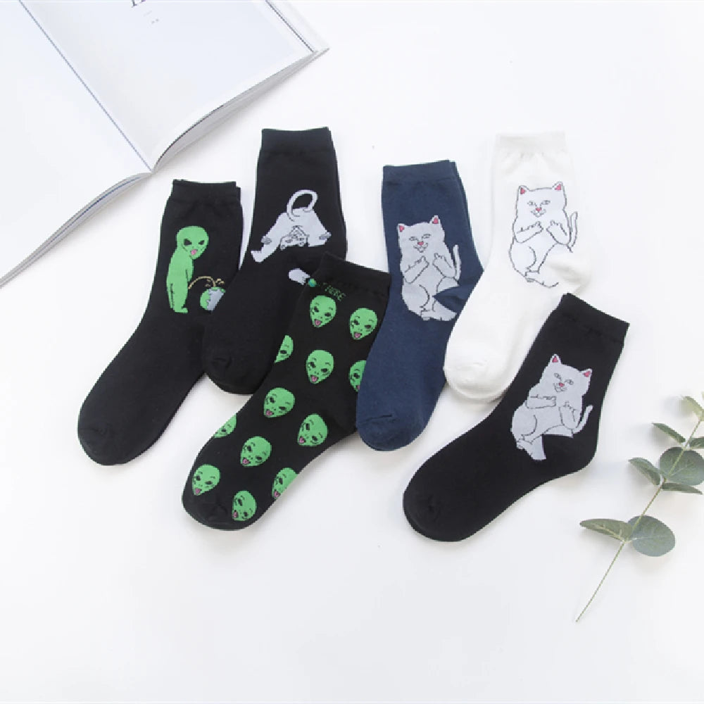 Unisex Summer Fashion Cartoon Cat Art Funny Alien Planet Socks