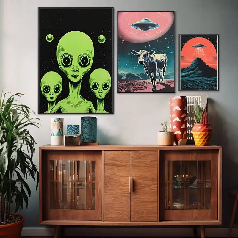 Retro Outerspace UFO Funny Cow Alien Drinking Coffee Canvas