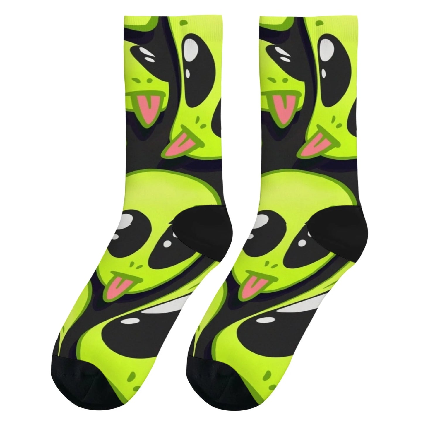 Cute Cartoon Green Alien Pink Tongue Crew Socks