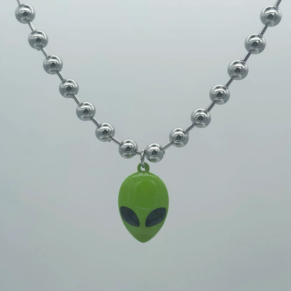 Y2K Cyber Chunky Bead Chain Green Alien Face Charm