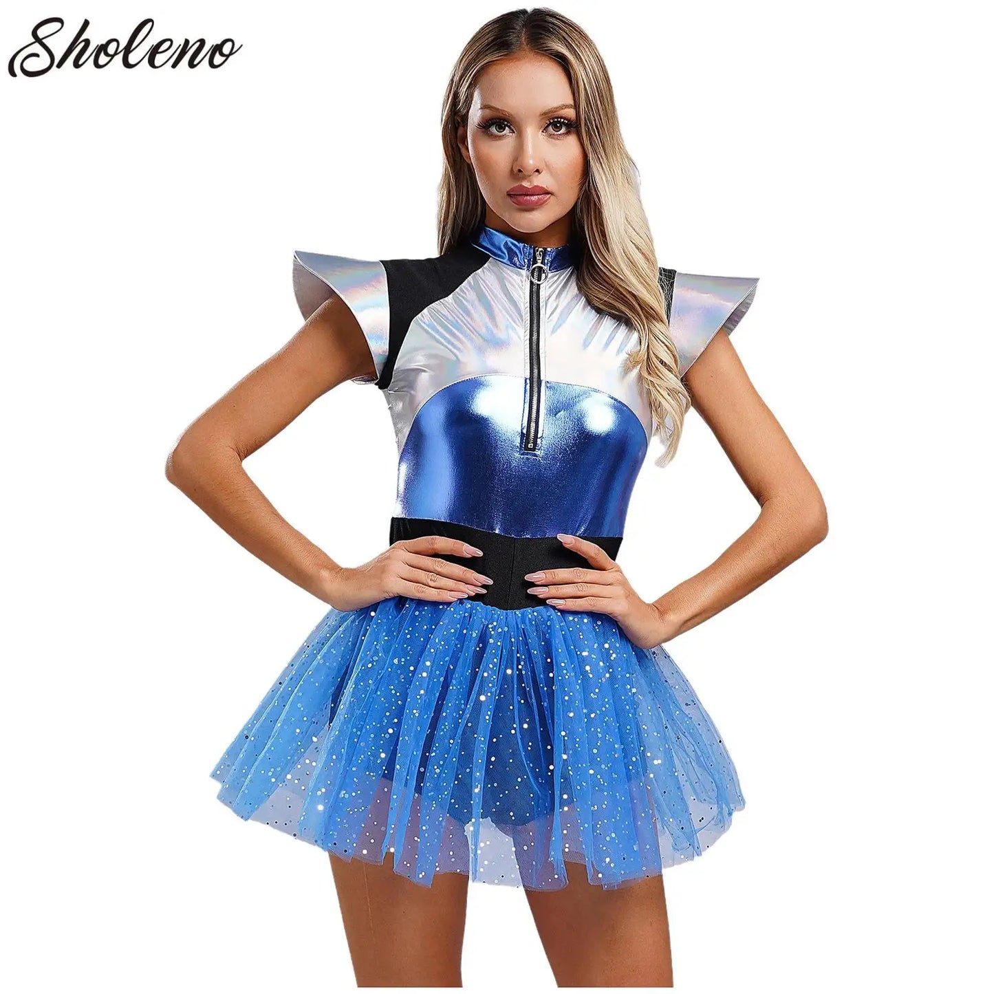 Adult Silver Astronaut Costume Women Alien Tutu Dress Suit Space