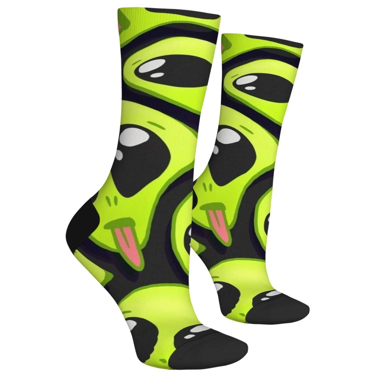 Cute Cartoon Green Alien Pink Tongue Crew Socks