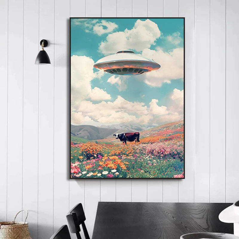 UFO Alien Poster Retro Disco Ball Wall Art Home Decor Mural