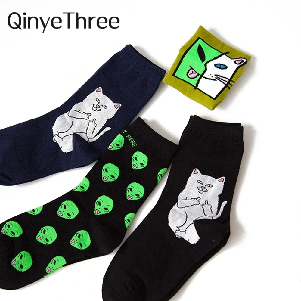 Women Art Funny Alien Planet Creative Funny Cartoon Cat Unisex Breathable Cotton Socks