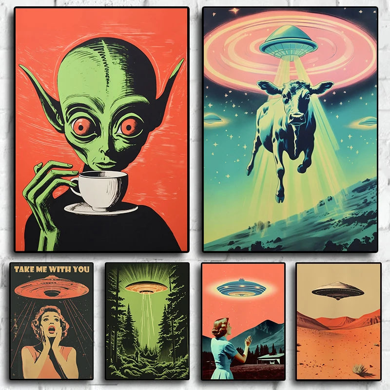 Retro Outerspace UFO Funny Cow Alien Drinking Coffee Canvas