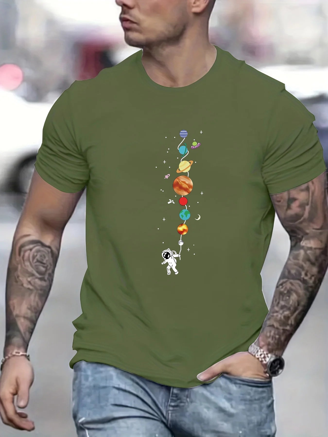 Astronaut planet pattern short sleeved T-shirt
