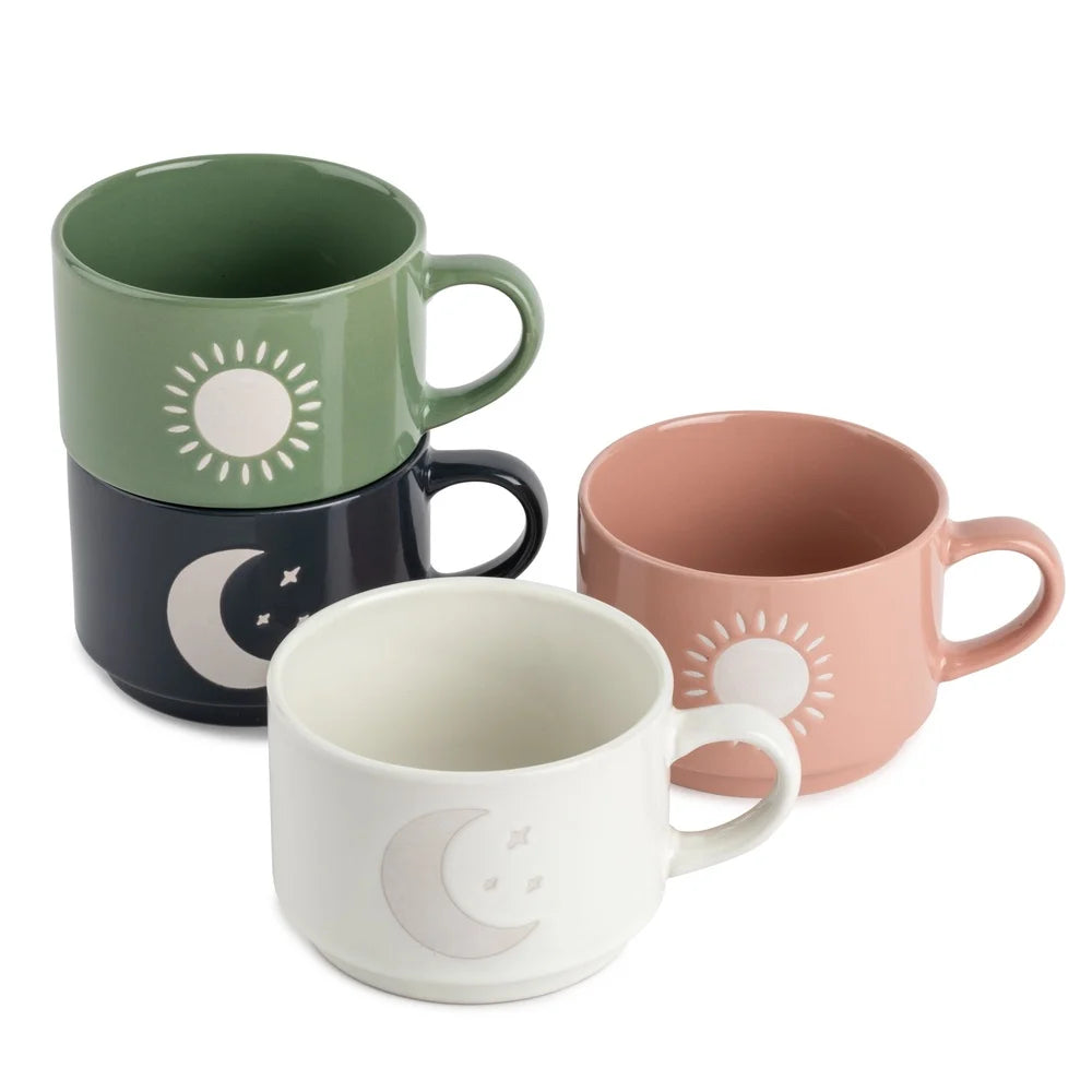 Stackable Ceramic Celestial Coffee Mugs Set of Four 11oz Durable Kitchen Drinkware Sun Moon Design