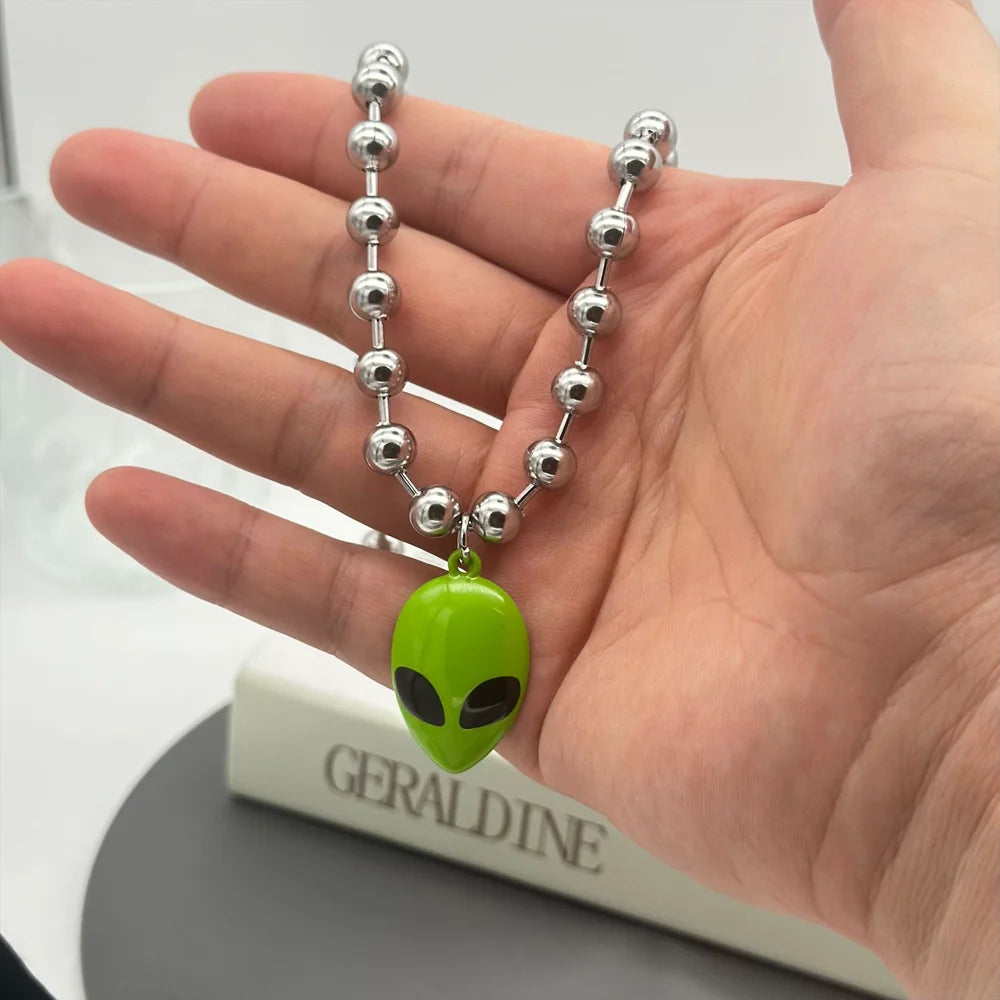 Y2K Cyber Chunky Bead Chain Green Alien Face Charm