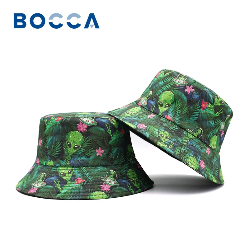 Bocca Cartoon Alien Bucket Hat Green Leaf Printing