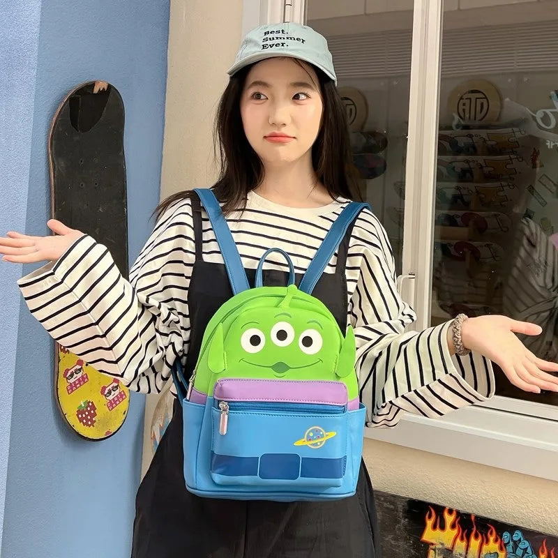 New Cartoon Print Blue Stitch Green Alien Backpack