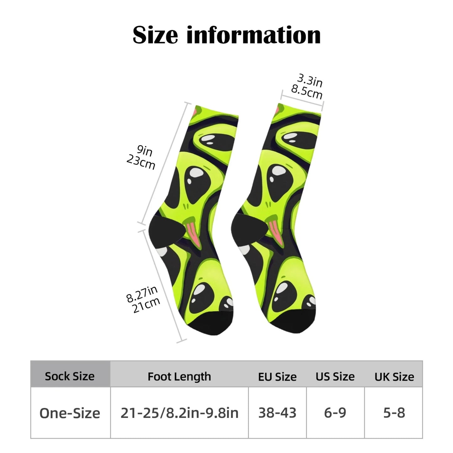 Cute Cartoon Green Alien Pink Tongue Crew Socks