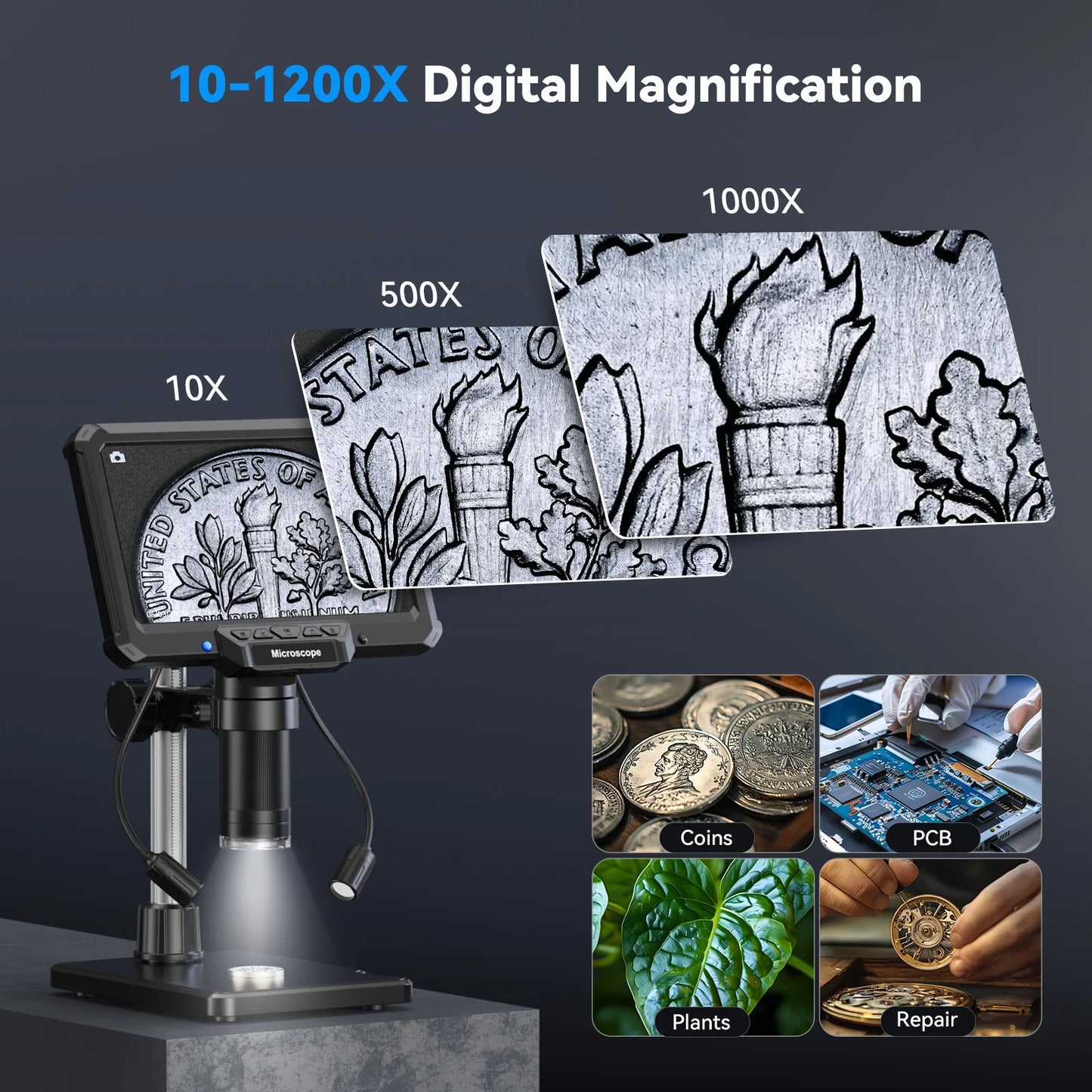 7inch Digital Microscope 1200X Magnification for Coins