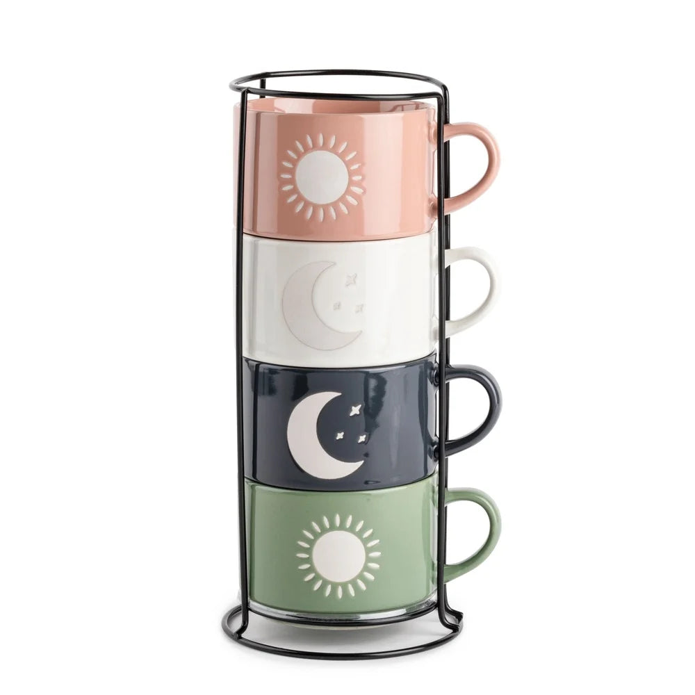 Stackable Ceramic Celestial Coffee Mugs Set of Four 11oz Durable Kitchen Drinkware Sun Moon Design
