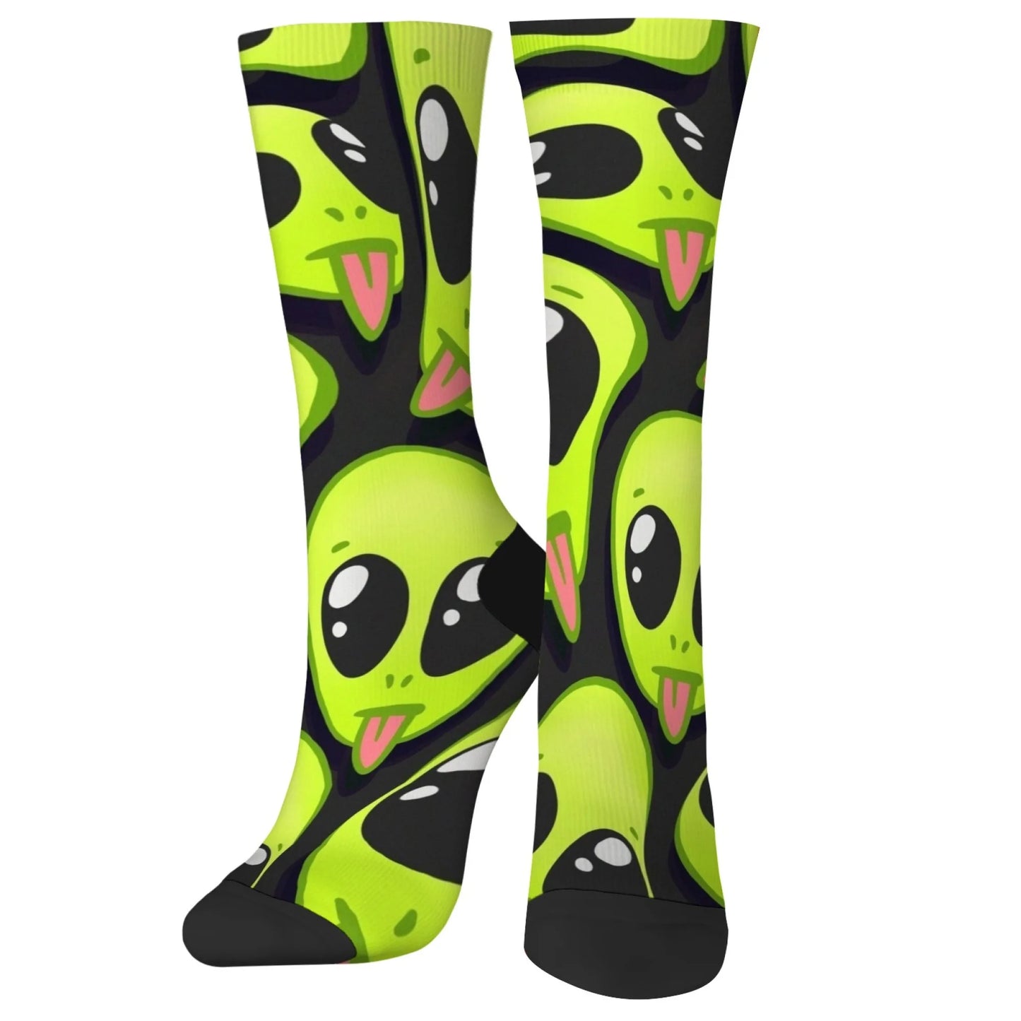 Cute Cartoon Green Alien Pink Tongue Crew Socks
