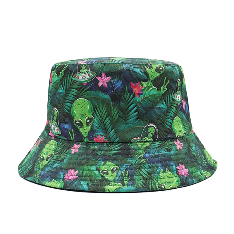 Bocca Cartoon Alien Bucket Hat Green Leaf Printing