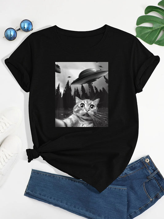 Cat & UFO Print Crew Neck T-Shirt