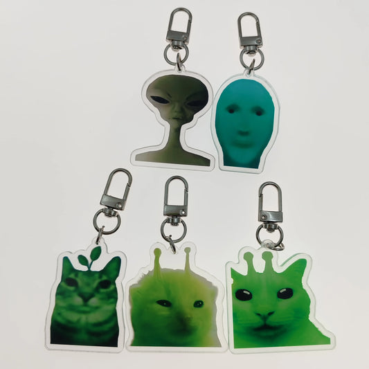Green Alien Cat Fun Cute Keychain